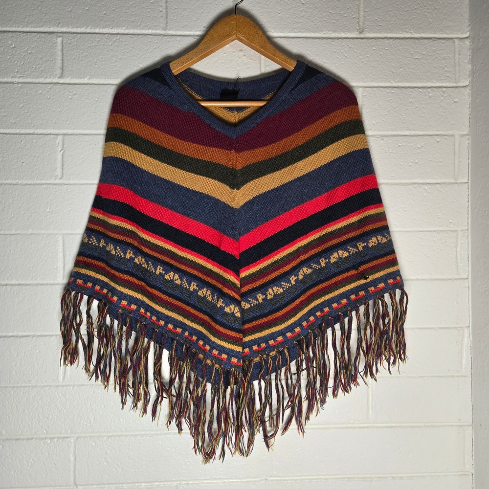 Vtg 100% Alpaca Wool Knit Poncho OS Multicolor Fringe Peru Gaucho Maximalism